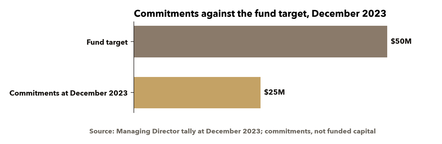 Commitments, not funded capital, which is the distinction the rest of this section turns on. Source: Managing Director tally at December 2023.